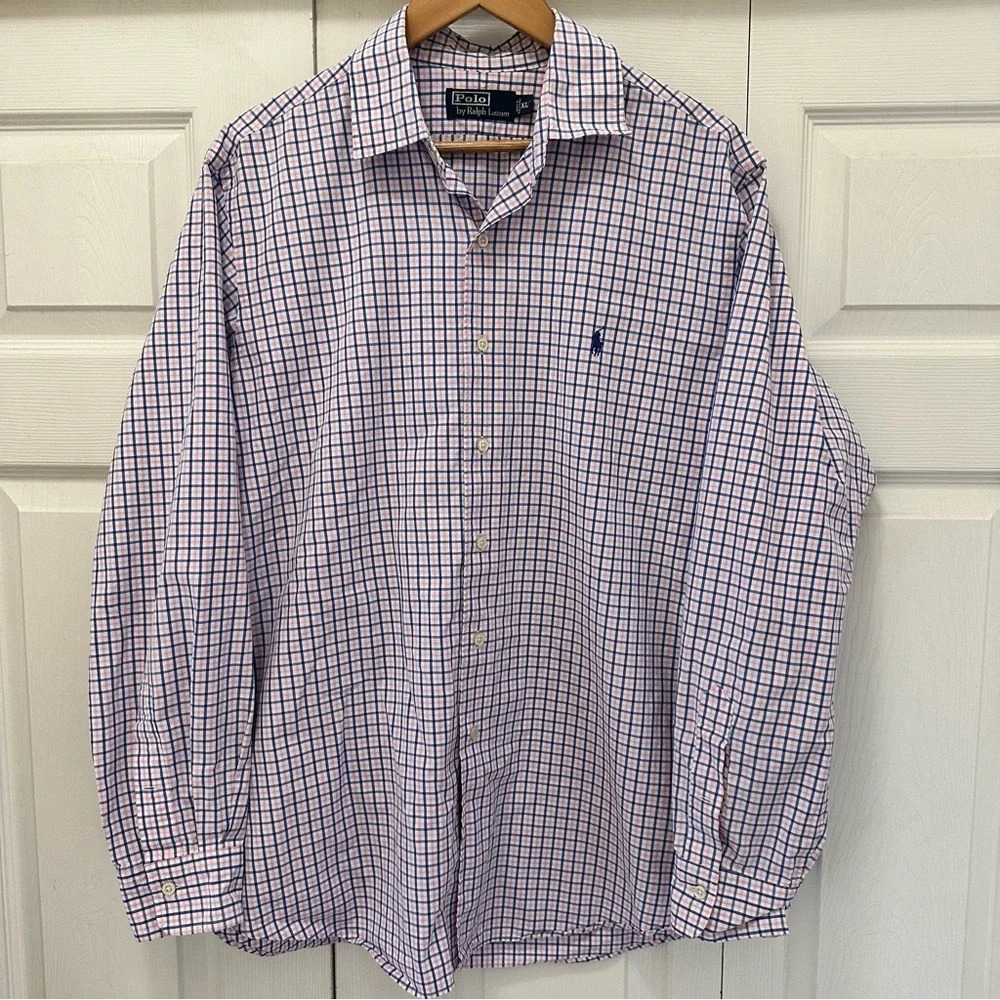 Polo by Ralph Lauren Men’s Button Down White Blue‎ Pink Checkered Shirt XL